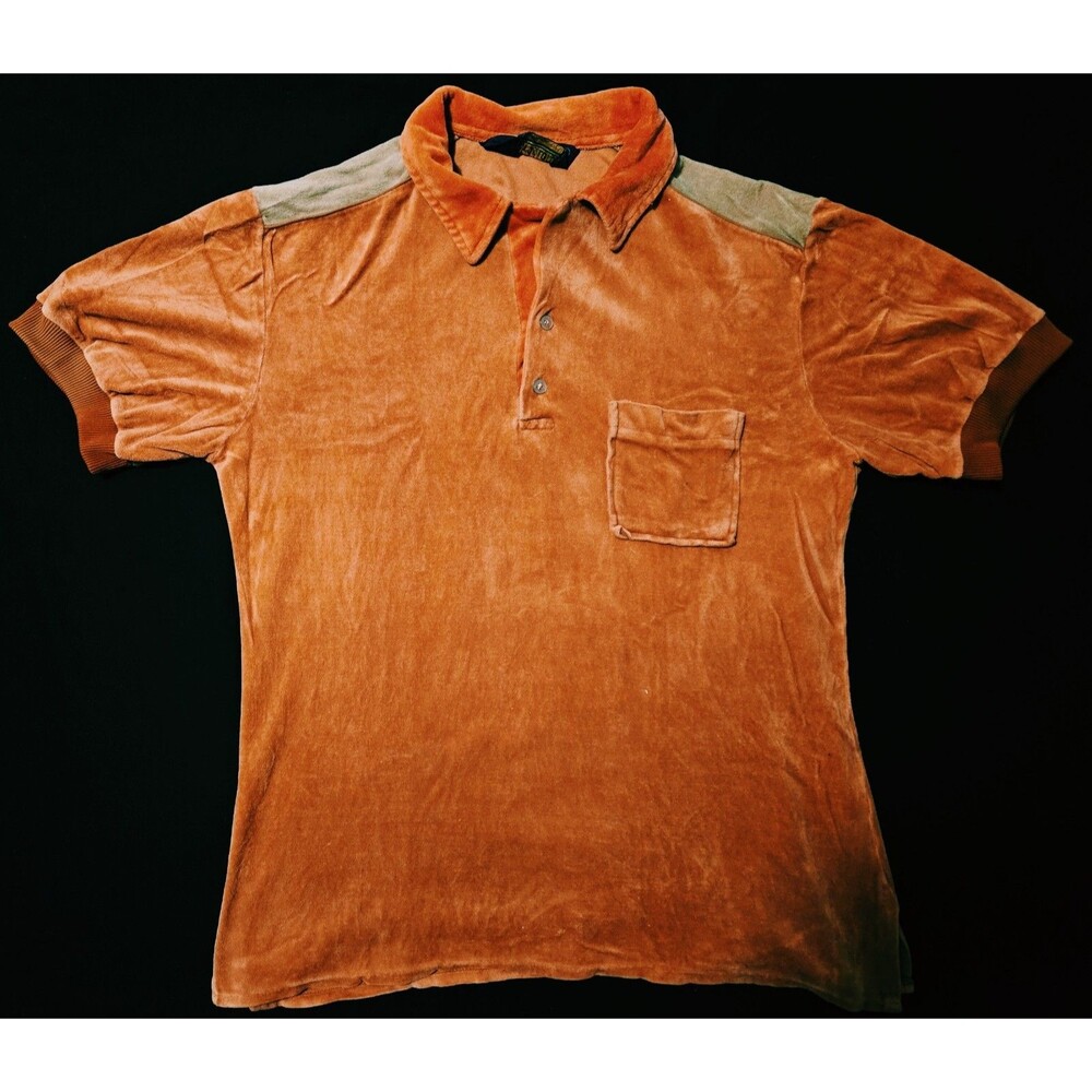 Lord & Lord Vintage 70s 80s Mod Velour Polo Shirt Orange Large Lounge Disco